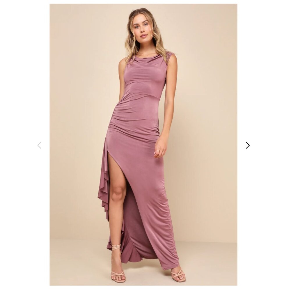 Mauve Slinky Knit Cowl Neck Ruffled Maxi Dress Lulus